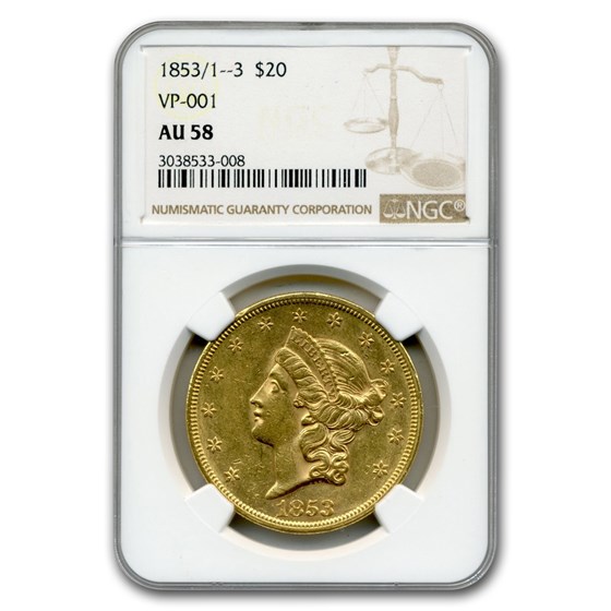1853/1--3 $20 Liberty Gold Double Eagle AU-58 NGC (VP-001) 1853/1--3 $20 Liberty Gold Double Eagle AU-58 NGC (VP-001)
